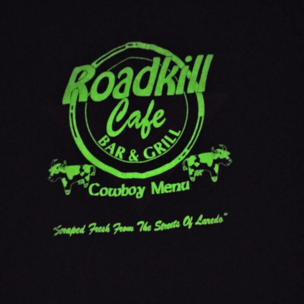 Vintage Roadkill Cafe Bar & Grill Glow in the Dark Graphic T-Shirt Cowboy Menu